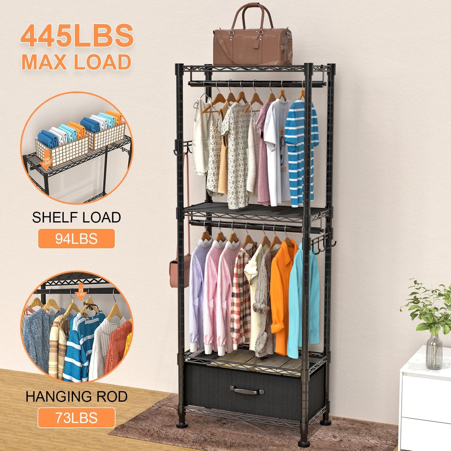 Clothes Rack, Clothing Rack for Hanging Clothes, 4 Tiers Adjustable Closet Organizer System with Drawer | Double Rods | Side Hooks | Load 445lbs | 23" L x 13.18" W x 78.74" H | Black