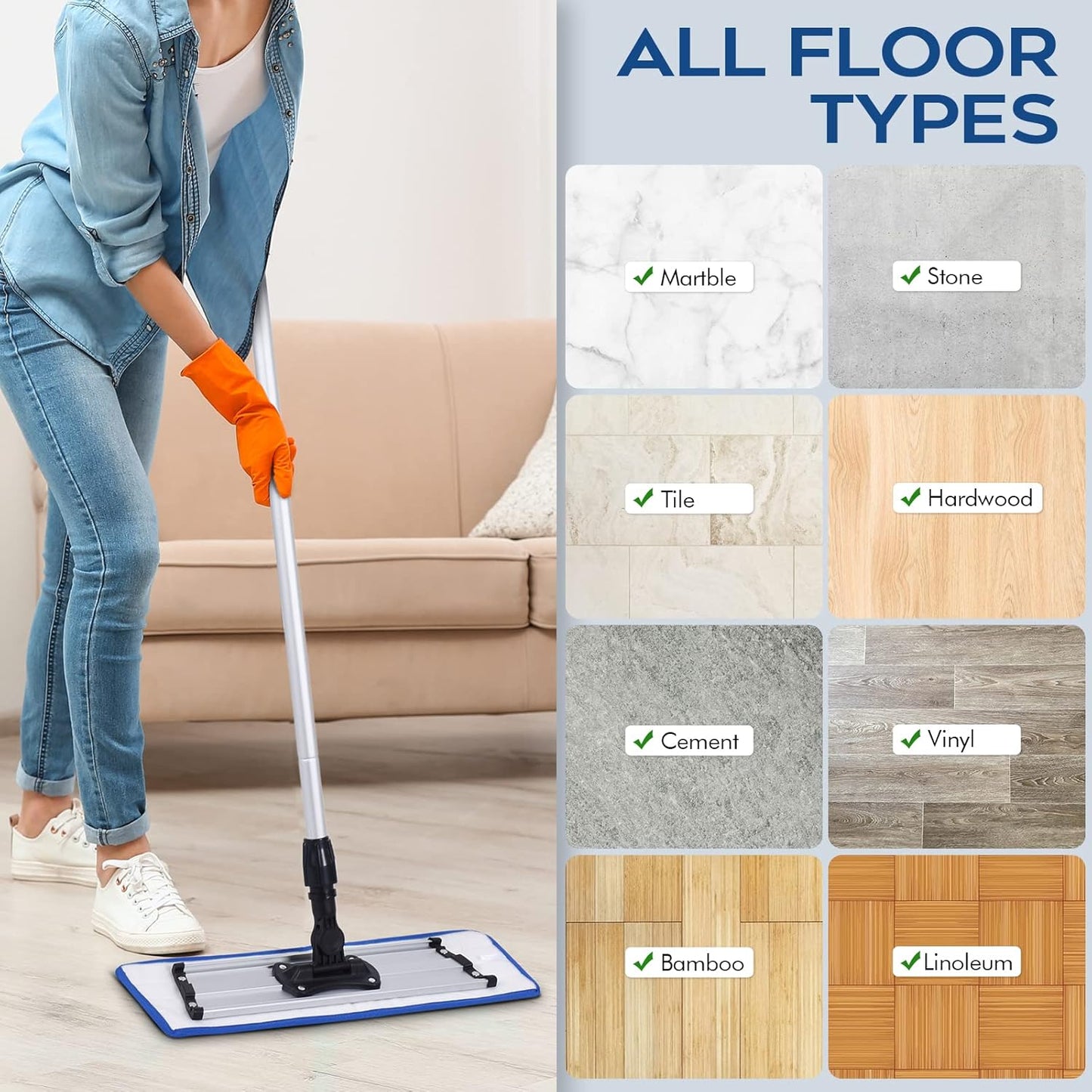 Matthew 18'' Microfiber Mop Replacement Pads for Wet Dry Reusable Mops Floor Home Commercial Cleaning Refills, Machine Washable Compatible with Bona Mop&Any Microfiber Flat Mop System Blue (12 Pack)