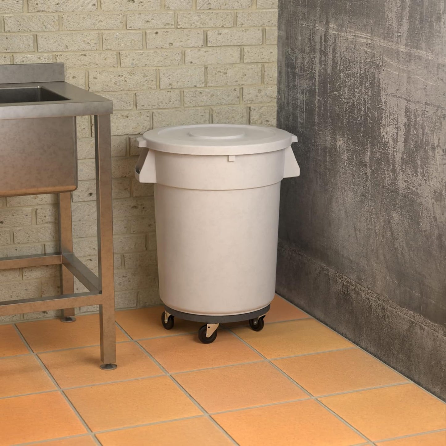 32 Gallon White Round Commercial Trash Can with Lid and Dolly