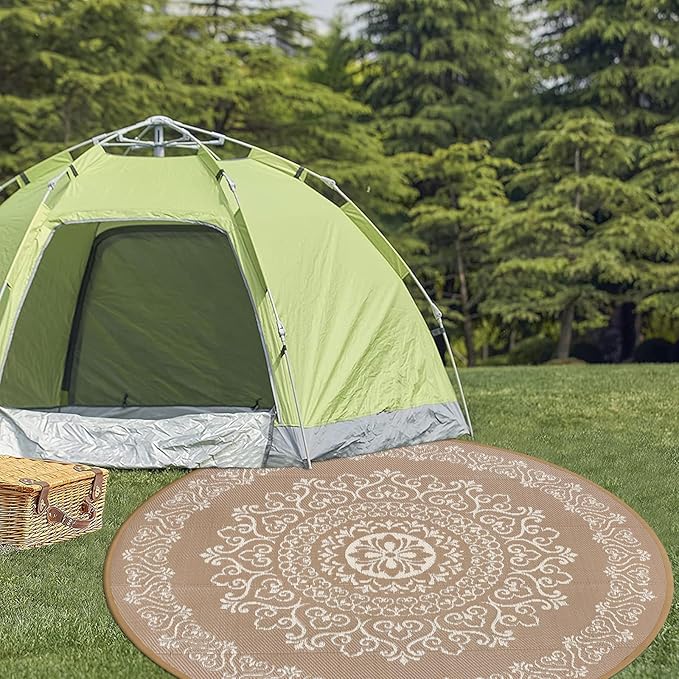 Pauwer Waterproof Outdoor Rug 6ft, Reversible Plastic Straw Patio Camping Rug, Indoor Outdoor RV Mat Carpet for Deck, Camper, Porch, Balcony, Backyard, Picnic, Floral Brown