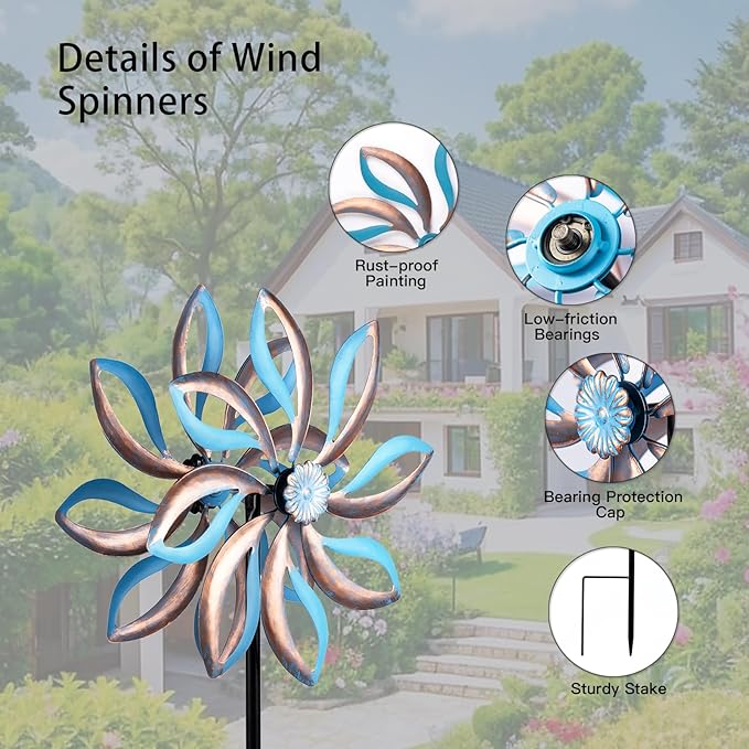 Metal Wind Spinners Outdoor,Vintage Kinetic Wind Spinner Garden Pinwheels with Metal Stake for Patio,Lawn,Garden,Creative Gifts for Women, 57.5 * 13.5 Inch (Blue)