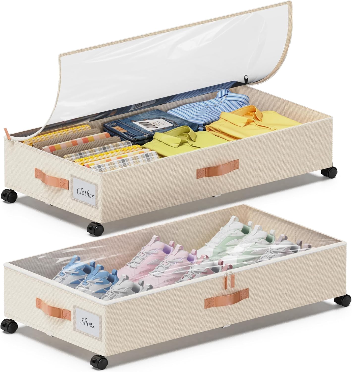 Under Bed Storage with Wheels, 2-Pack Under Bed Storage Containers with Clear Lids, XXL 65L Under the bed storage Organizer Bins, Rolling Under Bed Metal Drawer for Clothes,Shoes,Toys (White, 2-Pack)