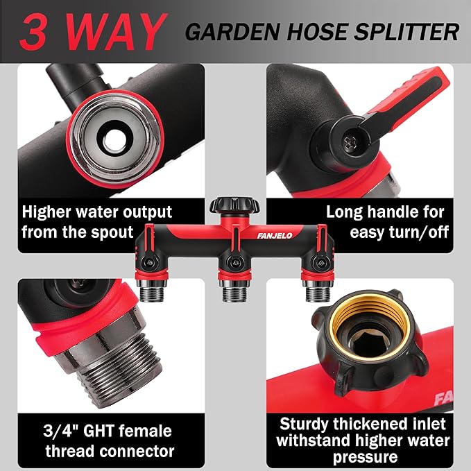 3 Way Hose Splitter, Heavy Duty Garden Water Hose Bib Spigot Splitter, Faucet Splitter with Shutoff Valve, Garden Hoses Connector for T Adapter, 3/4 - Inch GHT Thread (Red)