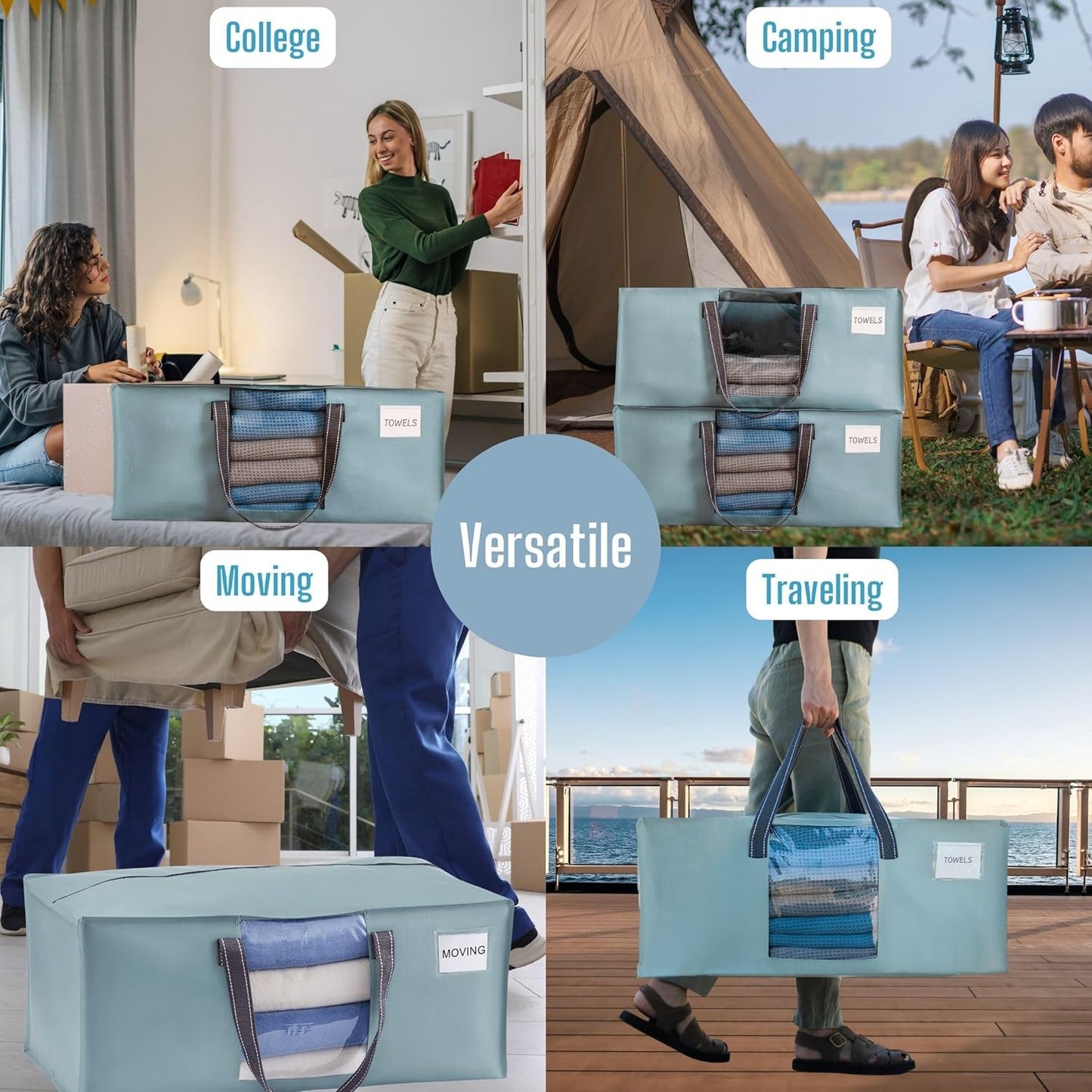 VENO 10 Pack Moving Bags for College, Heavy-Duty Storage Totes, Moving Boxes and Wardrobe Packing Supplies Alternative - Extra Large Durable Laundry Bags for Clothes (Light Blue Matte, 10 Pack)