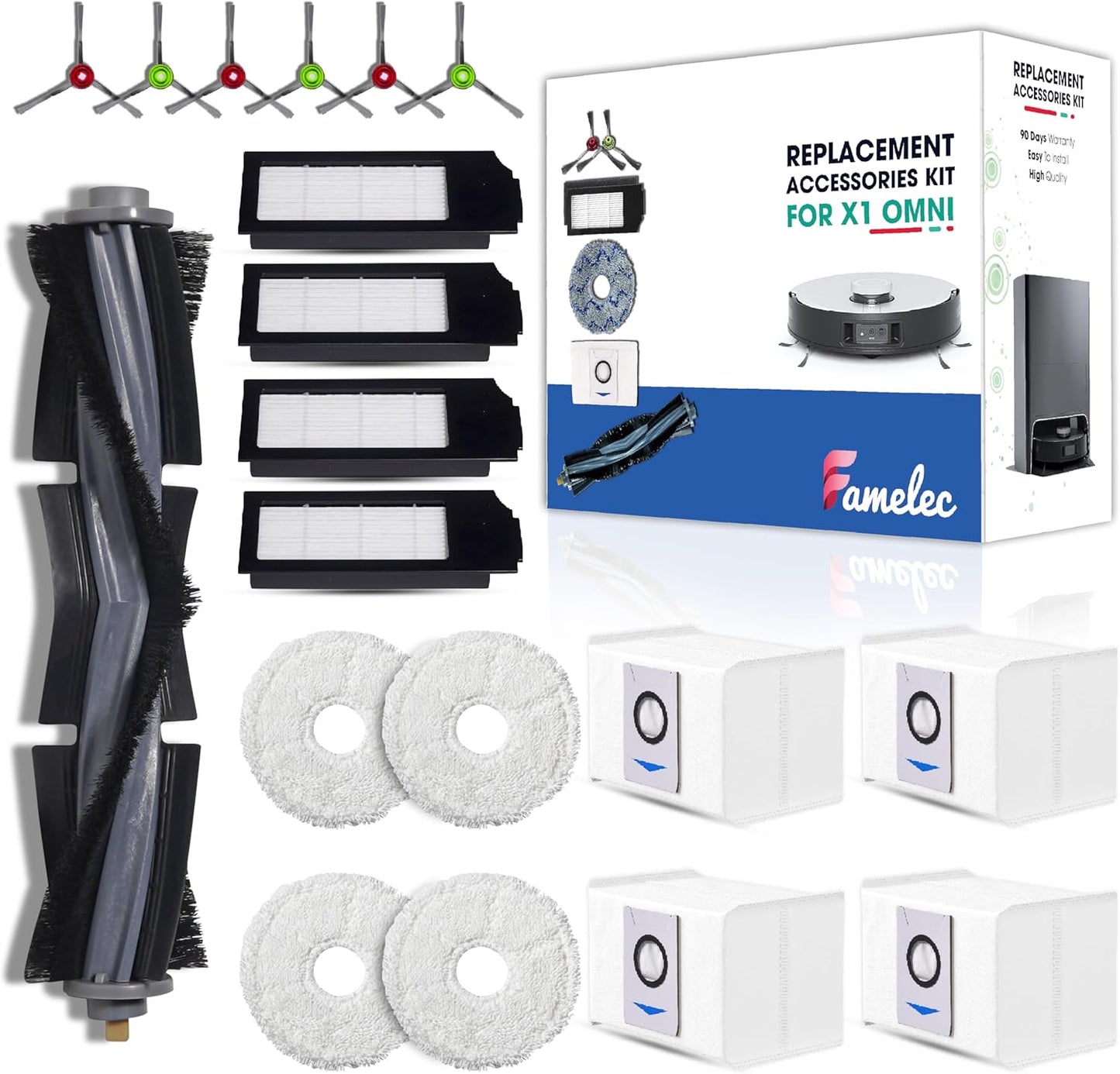 FAMEKLEC Upgrade Replacement Accessories Kit Compatible with ECOVACS DEEBOT X1 Omni, X1 Turbo Robot Vacuum Attachments, Include 1 Main Brush, 6 Side Brushs, 4 Filters, 4 Mop Cloths, 4 Dust Bags