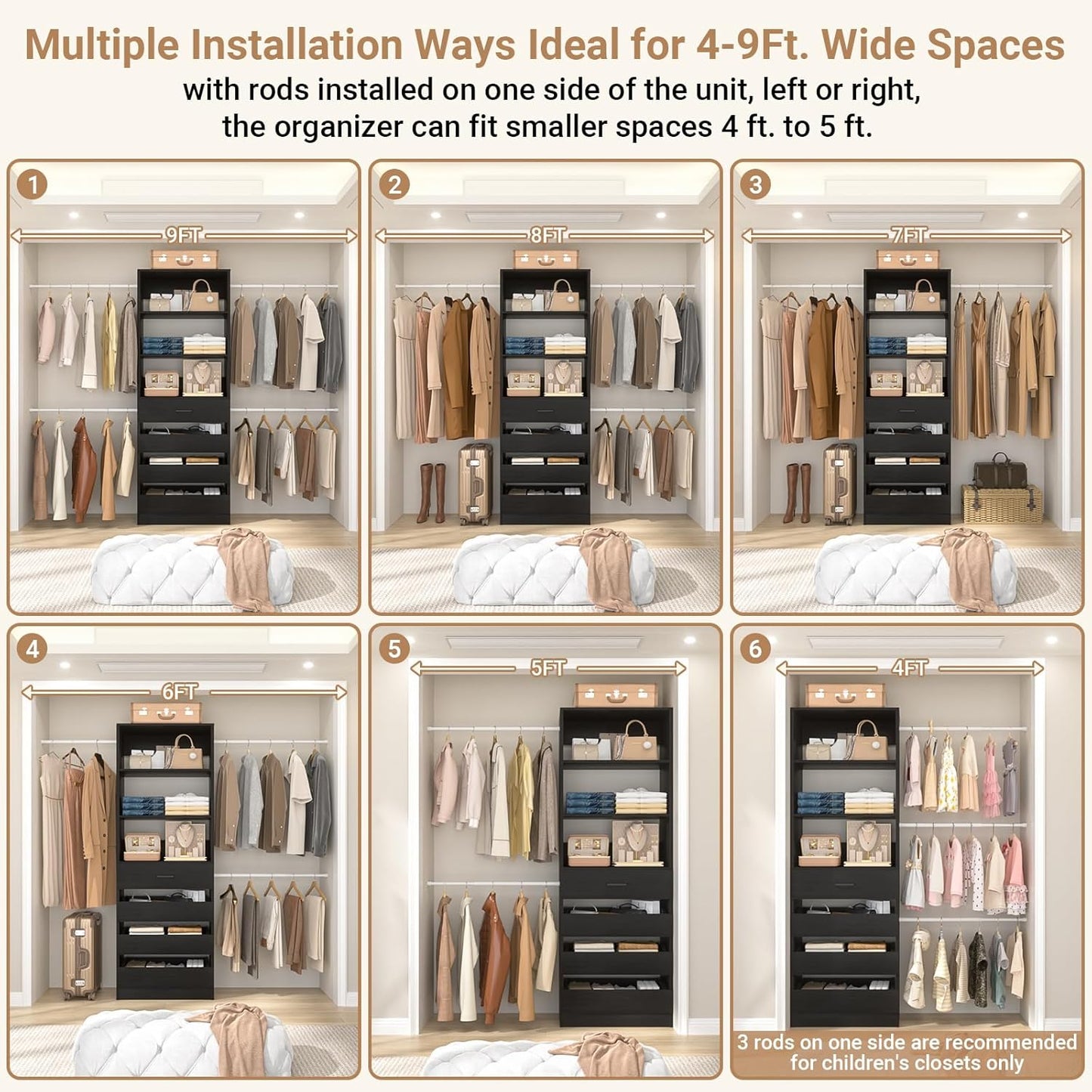 Aheaplus Closet System, 4-9Ft Closet Organizer with 4 Wooden Drawers, Wood Closet Organizer System with Tower, Walk-in Closet Organizer Wardrobe Clothes Rack with 4 Hanging Rods, Garment Rack, Black