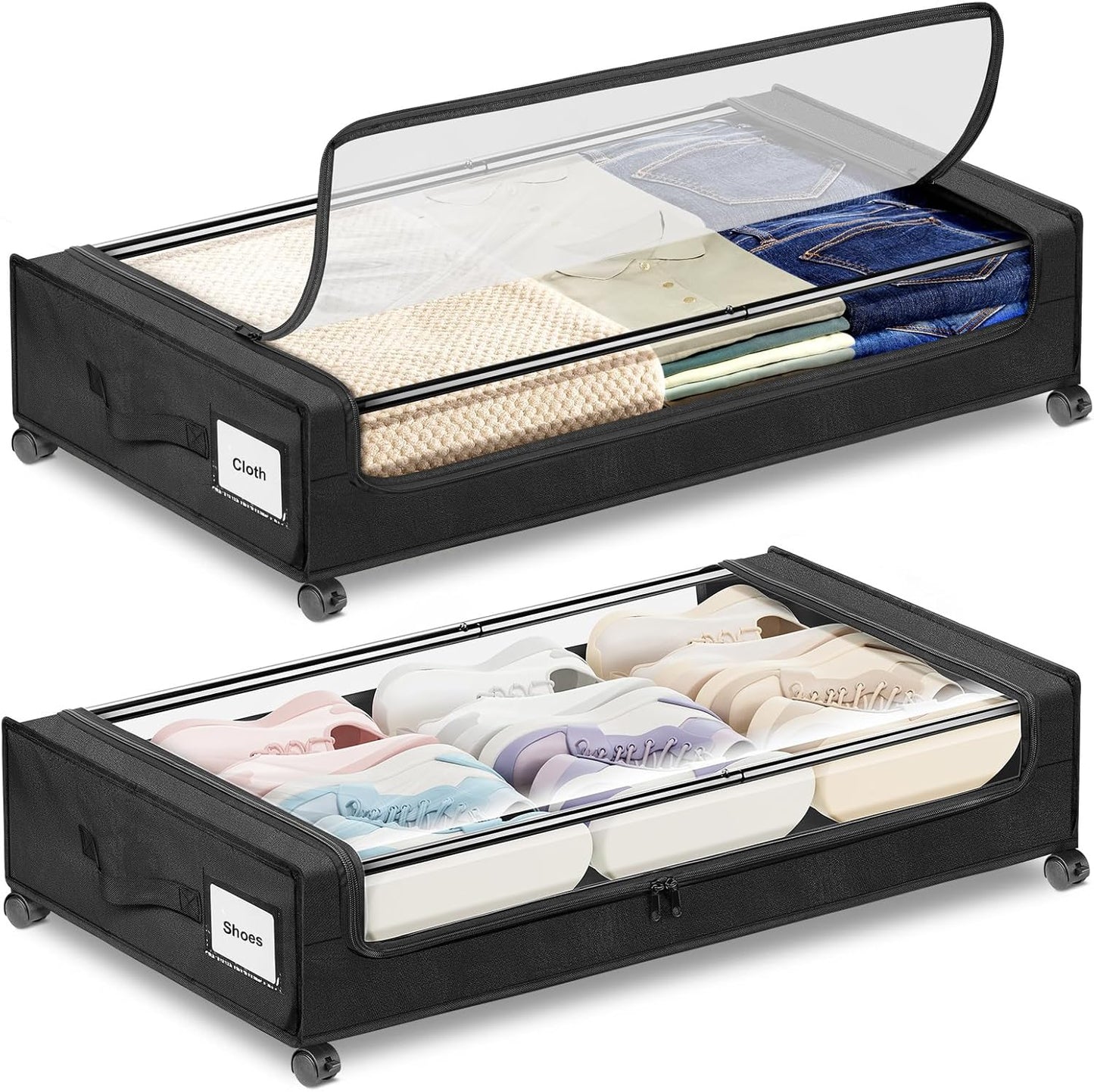 Under Bed Storage with Wheels 2-Pack，Under Bed Storage Containers XXL，Underbed Shoes Storage with Clear Lid,Rolling UnderBed Metal Drawer for Clothes Blankets Easy Pull-out Black
