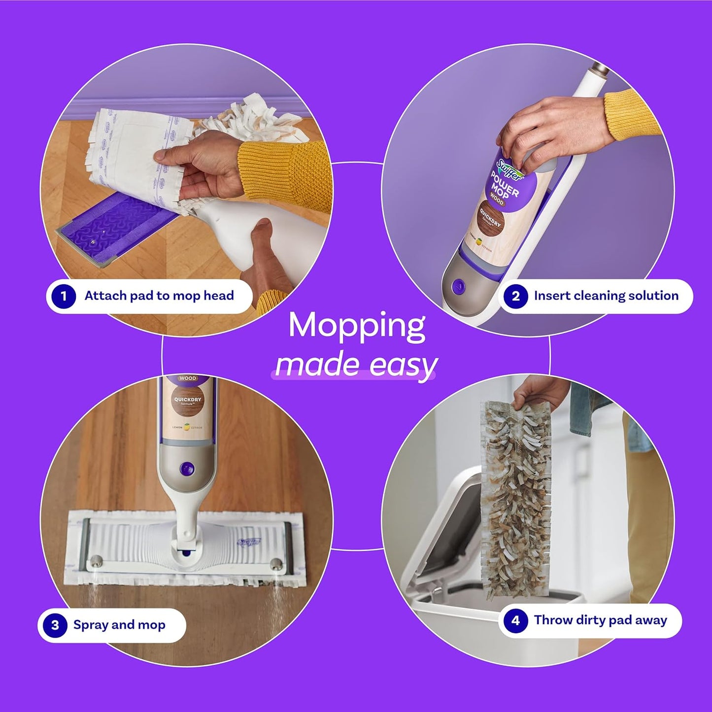 Swiffer Power Mop Wood, Hardwood Floor Cleaner for Mopping Home, Bathroom, Kitchen, All Purpose Multi-Surface Cleaning Set includes PowerMop Wood, 2 Pads, 1 QuickDry Lemon Solution, & 2 Batteries