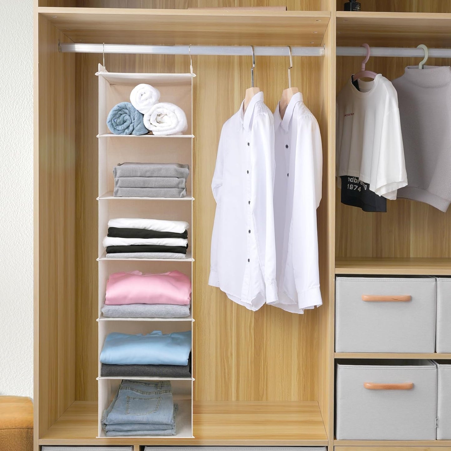 Large Hanging Sweater Organizer for Closet,Collapsible 6-Shelf Hanging Closet Shelves with Drawers, Washable (Beige -6 Shelf)