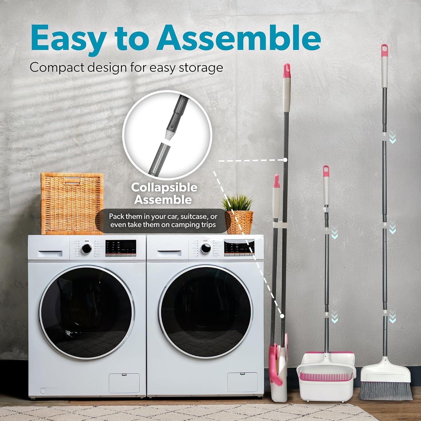 BLACK+DECKER Butler Broom & Dustpan Set - Stand-Up Design - Lightweight, Space-Saving Combo for Kitchen, Living Room, Bathroom, Lobby Floors - Home Cleaning Essential, White/Pink