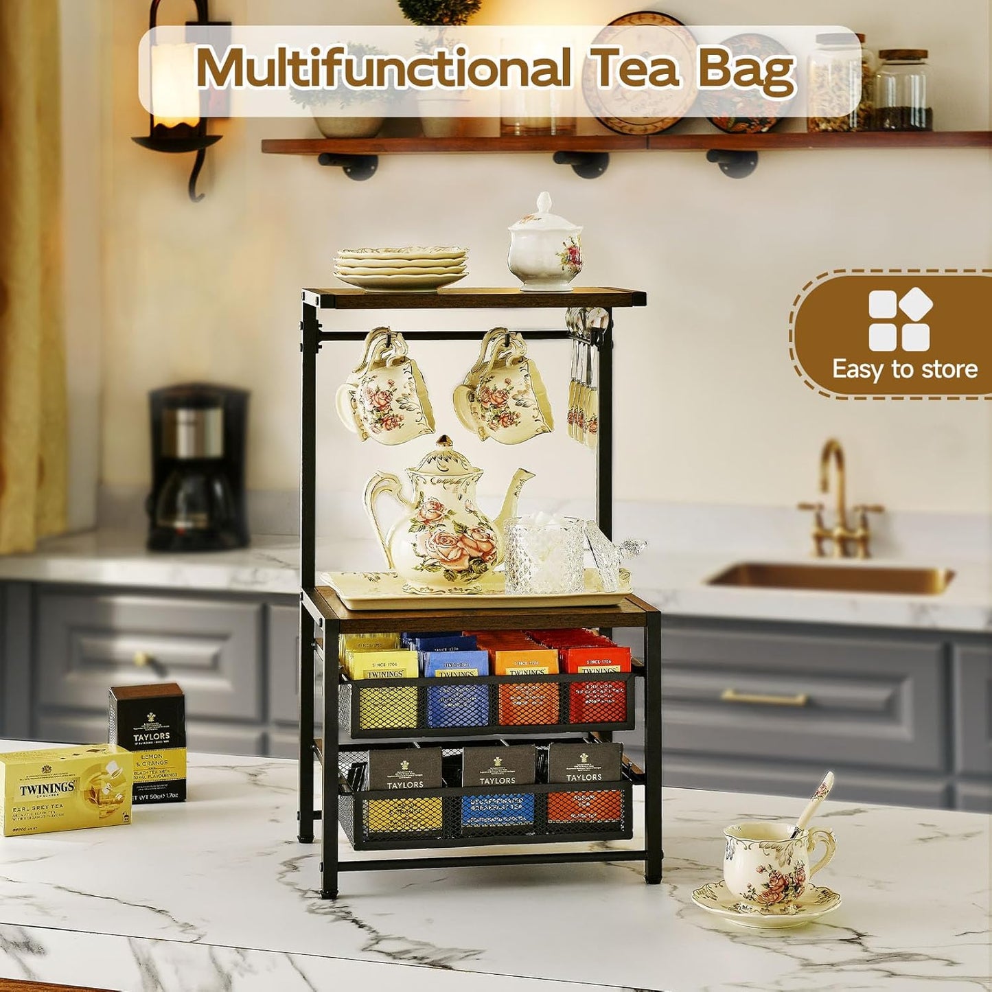 Pinzoveco Tea Bag Organizer, Large Tea Organizers and Storage Box,2 Drawers Tea Bags Holder Wood Tea Box Containers Tea Station Chest Display for Kitchen Organizers and Storage, Black