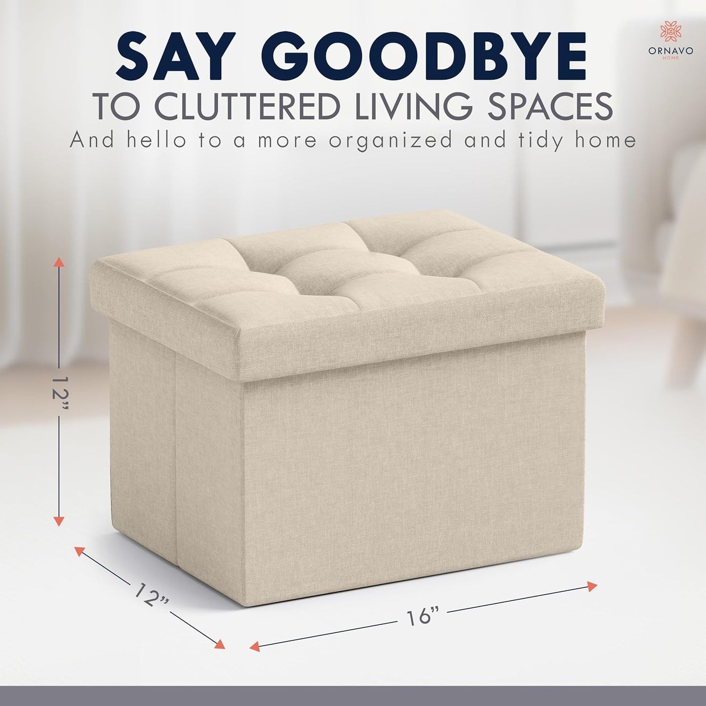 Ornavo Home Small Storage Ottoman Foldable Collapsible Rectangle Linen Ottoman Foot Rest Stool Seat, for Living Room, Bedroom, Home Office, Dorm - 12 x 16 x 12, Beige