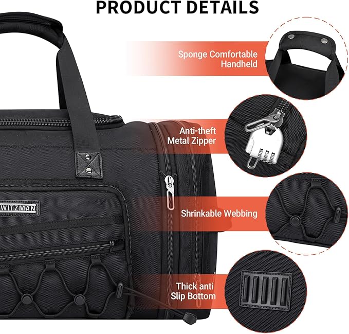 WITZMAN Duffle Bag for Men Nylon Large Gym Weekender Bag with Shoe Compartment Expandable Carry on Overnight Bag(B695 Black)