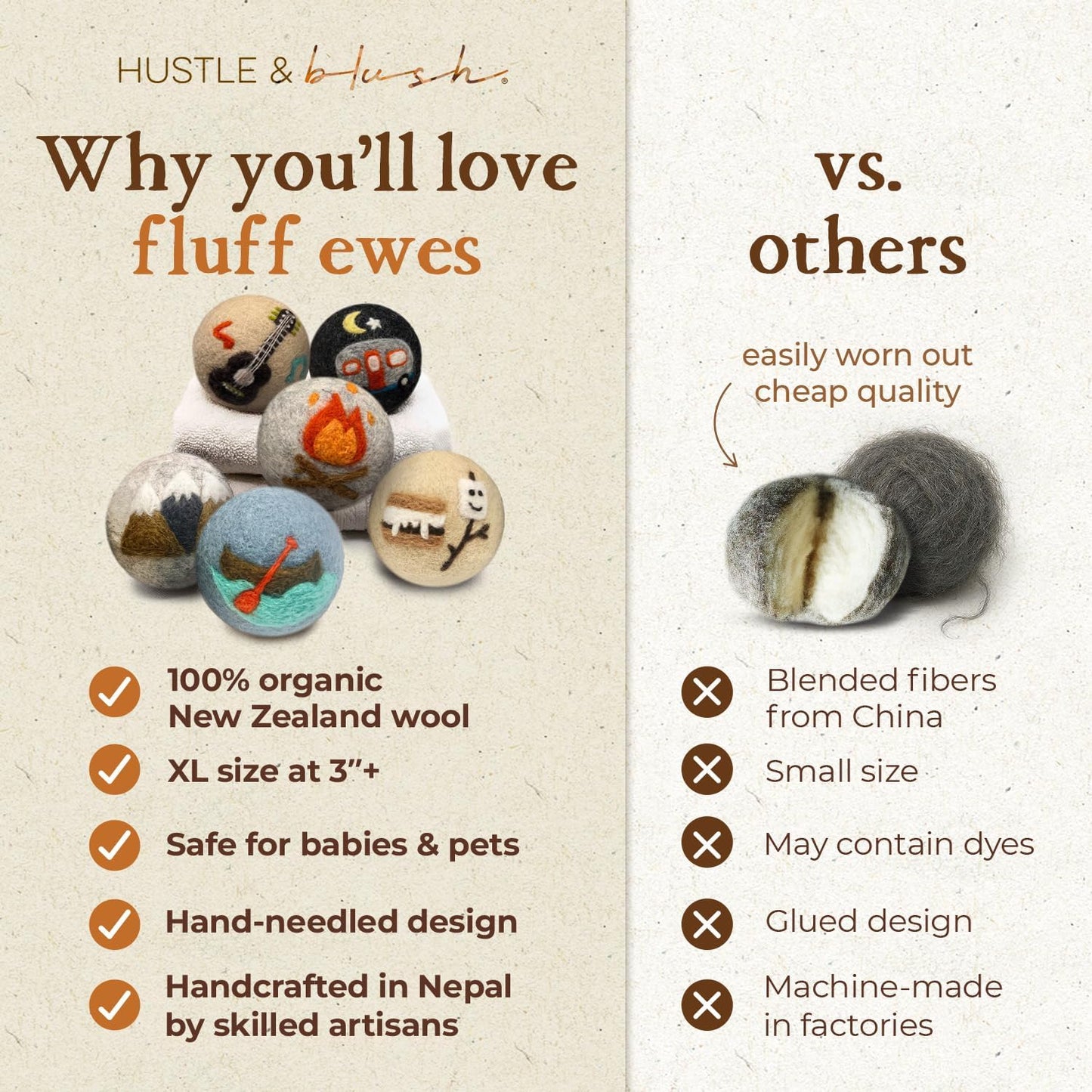 Fluff Ewes Wool Dryer Balls 6 Pack Premium New Zealand Wool Laundry Balls for Dryer, No Static Dryer Balls Laundry Reusable, XL Wool Dryer Balls Cute, Baby Dryer Balls for Dryers - are We There Yet