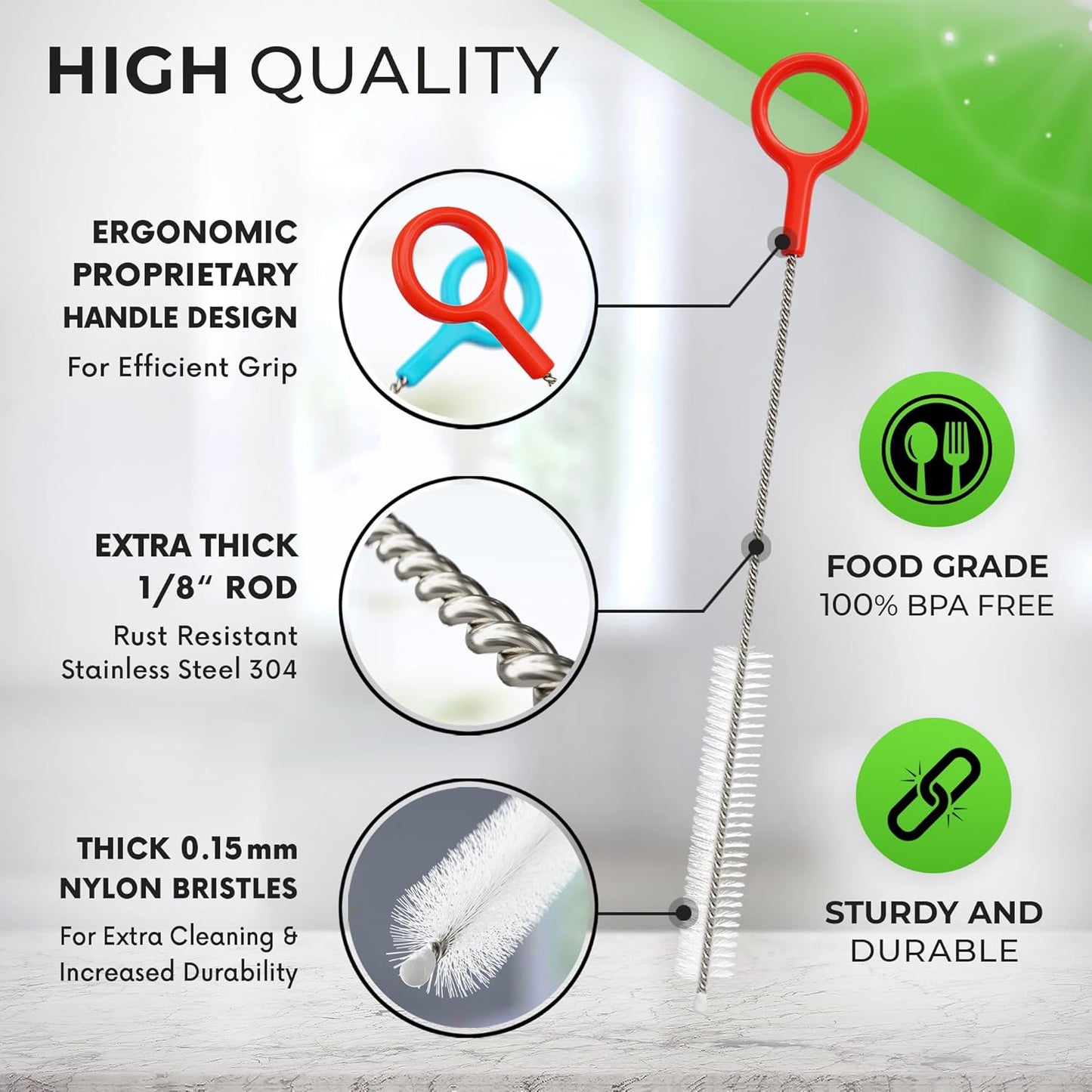 Heavy Duty Cleaning Brushes Set of 8 - Extra Long Straw Cleaners for Metal and Plastic Reusable Drinking Straws, to Clean Small Spaces, Sippy Cups, Water Bottles - Sturdy Hard Brush Bristles