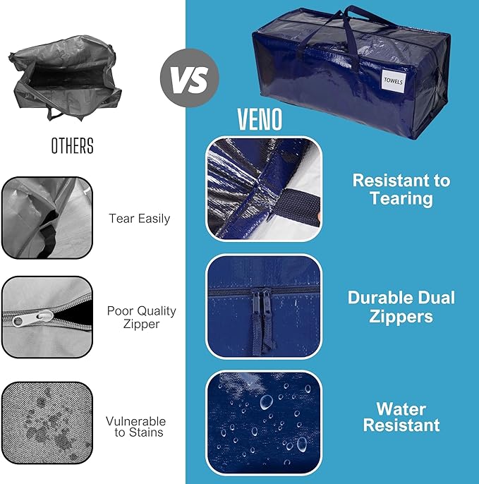 VENO 6 Pack Moving Bags w/Backpack Straps, Heavy Duty, Moving Boxes Alternative, Packing Supplies, Large Storage Totes for Dorm Room Essentials with Zipper for Clothes (Blue, 6 Pack)