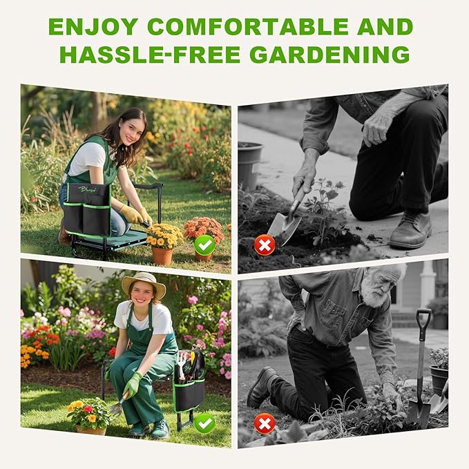 Bluesea Garden Kneeler and Seat - 2-in-1 Heavy Duty Garden Stool & Thick Kneeling Pad with Tool Pouch, Foldable Garden Bench for Planting, Weeding, Seniors, Women (350lbs Capacity)