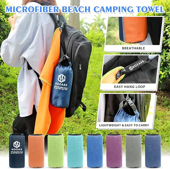 HOEAAS 2 Pack Microfiber Camping Towels, Quick Dry Towel, Super Absorbent Ultra Compact Travel Towel Soft Lightweight Sports Towel for Sweat Fast Drying Towels for Pool,Gym,Hiking,Backpacking,Fitness