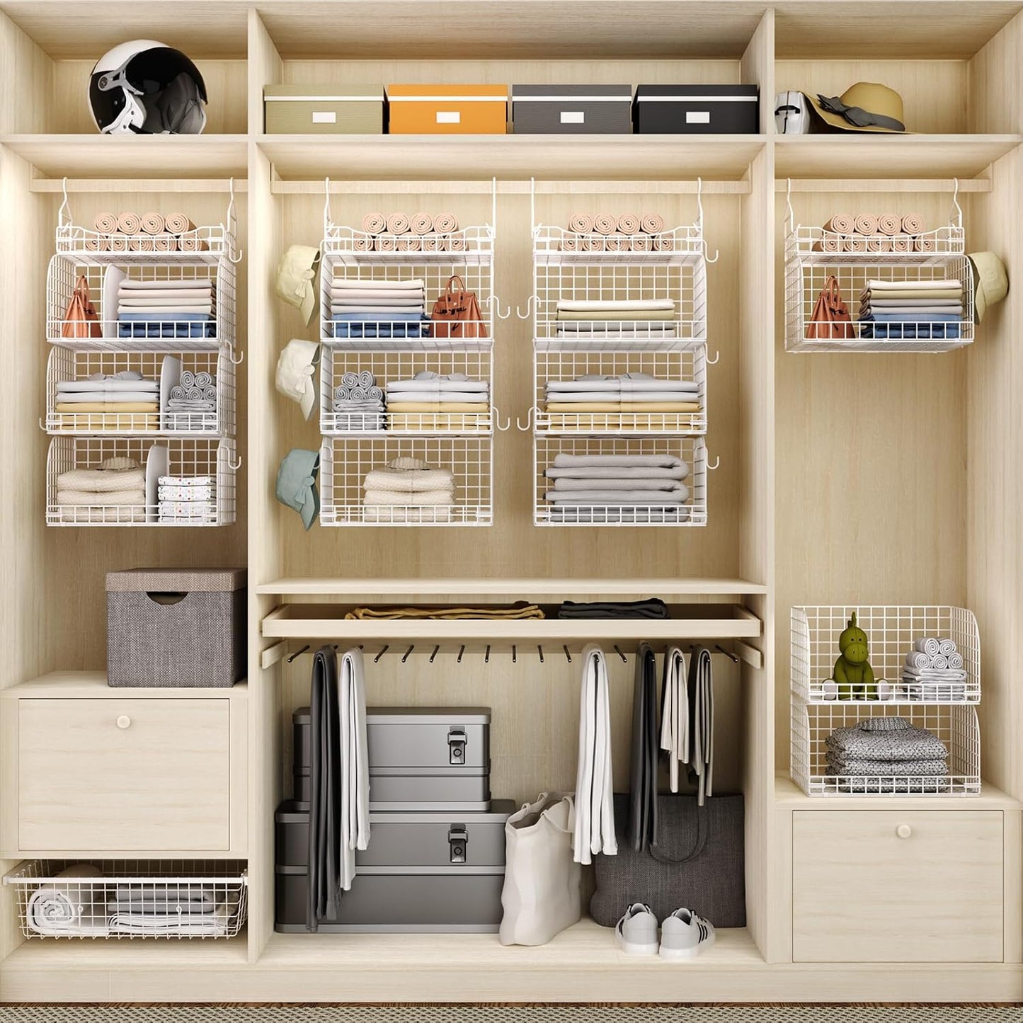 HapiRm Hanging Closet Organizer Storage - 3 Tier Metal Stackable Hanging Closet Shelves with Dividers and S Hooks, Foldable Clothes Shelves for Clothes, Pants, Shoes, Coat, Hats Clutches Accessories