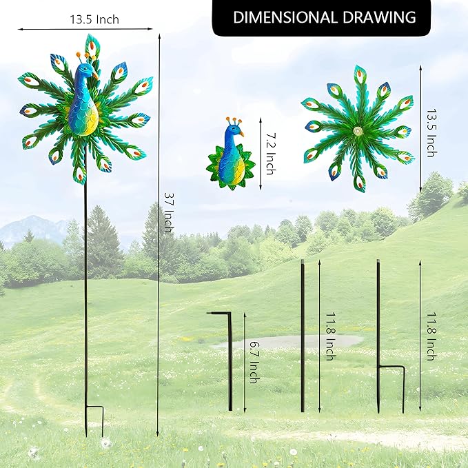 Outdoor Wind Spinner, 37" Metal Peacock Wind Spinner, Peacock Sculpture Garden Wind Spinners for Garden Yard Patio Decoration