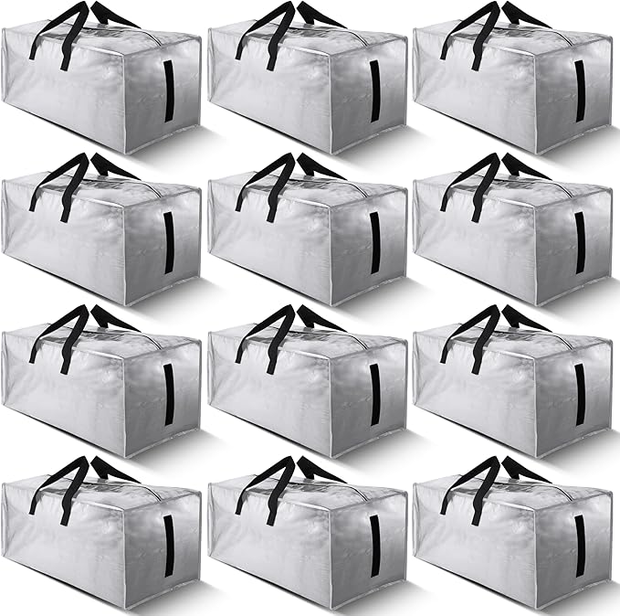 12 Pack Large Strong Moving Bags with Zippers & Carrying Handles - Water-Resistant - Heavy Duty Storage Tote for Space Saving Moving Storage, Fold Flat, Alternative to Moving Box (Silver)