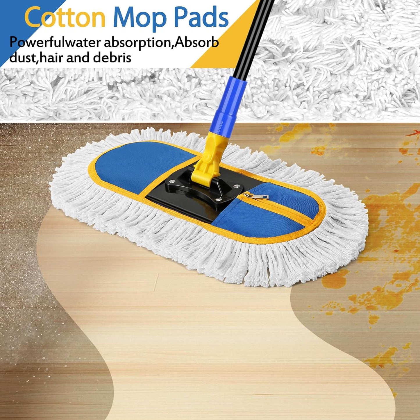 16 Inch Commercial Dust Mop for Floor Cleaning - Industrial Wet Dry Broom with 2 Washable Mops Pads for Hardwood Vinyl Laminate Floors Warehouse Courtyard Cleaning,Blue