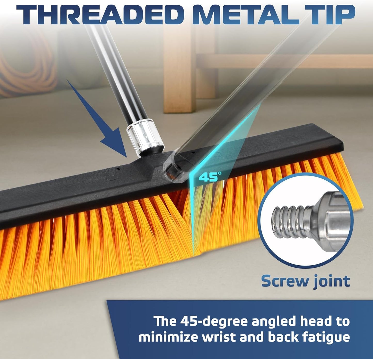 DSV Standard 18’’ Push Broom Outdoor Heavy Duty with 59.4’’ Long Handle, Industrial Broom with Stiff Bristles, Floor Broom for Cleaning Patio Garage Shop Deck Concrete Wood Stone Tile Floor