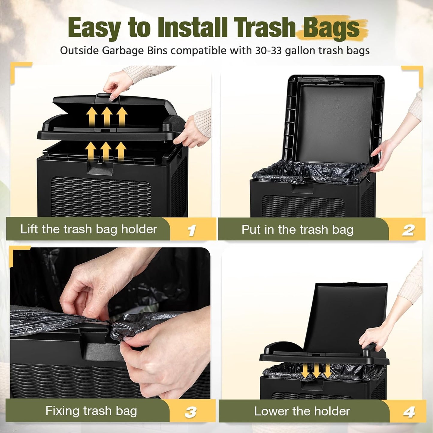 Devoko 33 Gallon Outdoor Trash Can with Dual Lid, Heavy Duty Waterproof Resin Garbage Bins Outside, Hideaway Waste Bins for Patio, Outside Pool, Backyard and Deck (2, Black)