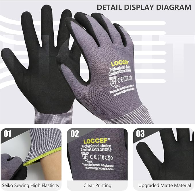 Work Gloves MicroFoam Nitrile Coated-6 Pairs,Seamless Knit Nylon Gloves,Gray Work gloves