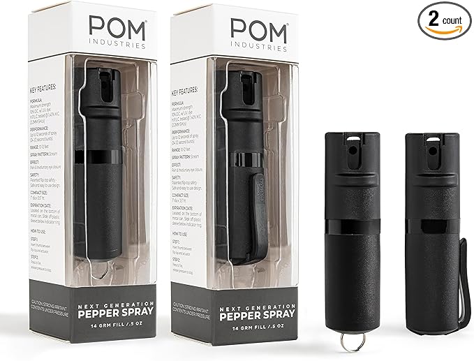 POM Pepper Spray Combo Pack Clip & Keychain - Maximum Strength OC Spray Self Defense- Tactical Compact & Safe Design - 25 Bursts & 10 ft Range - Stream Spray Pattern