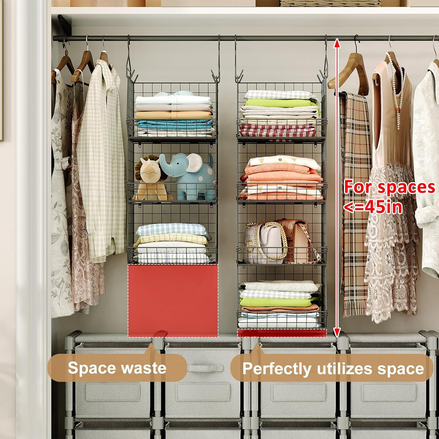 4 Tier Closet Hanging Organizer, Closet Organizers and Storage with 5 S Hooks, Closet Hanging Shelves & Freestanding Wire Storage Basket Bins, for Clothing Shoes Handbags Clutches Accessories Patent