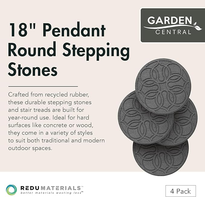 Garden Central 4-Pack 18”x18” Fake Pendant Rubber Stepping Stones, Round, Grey – Reversible Non-Slip Outdoor Faux Decorative Set for Landscaping – DIY Decor for Walkways & Yard Pathways