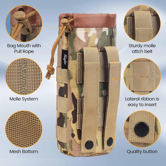 Molle Water Bottle Holder, Upgraded 1000D Nylon Tactical Molle Water Bottle Pouch, Sports Water Bottle Bag Bottom Mesh Lining Hydration Carrier for Camping, Climbing, Hiking and Travelling