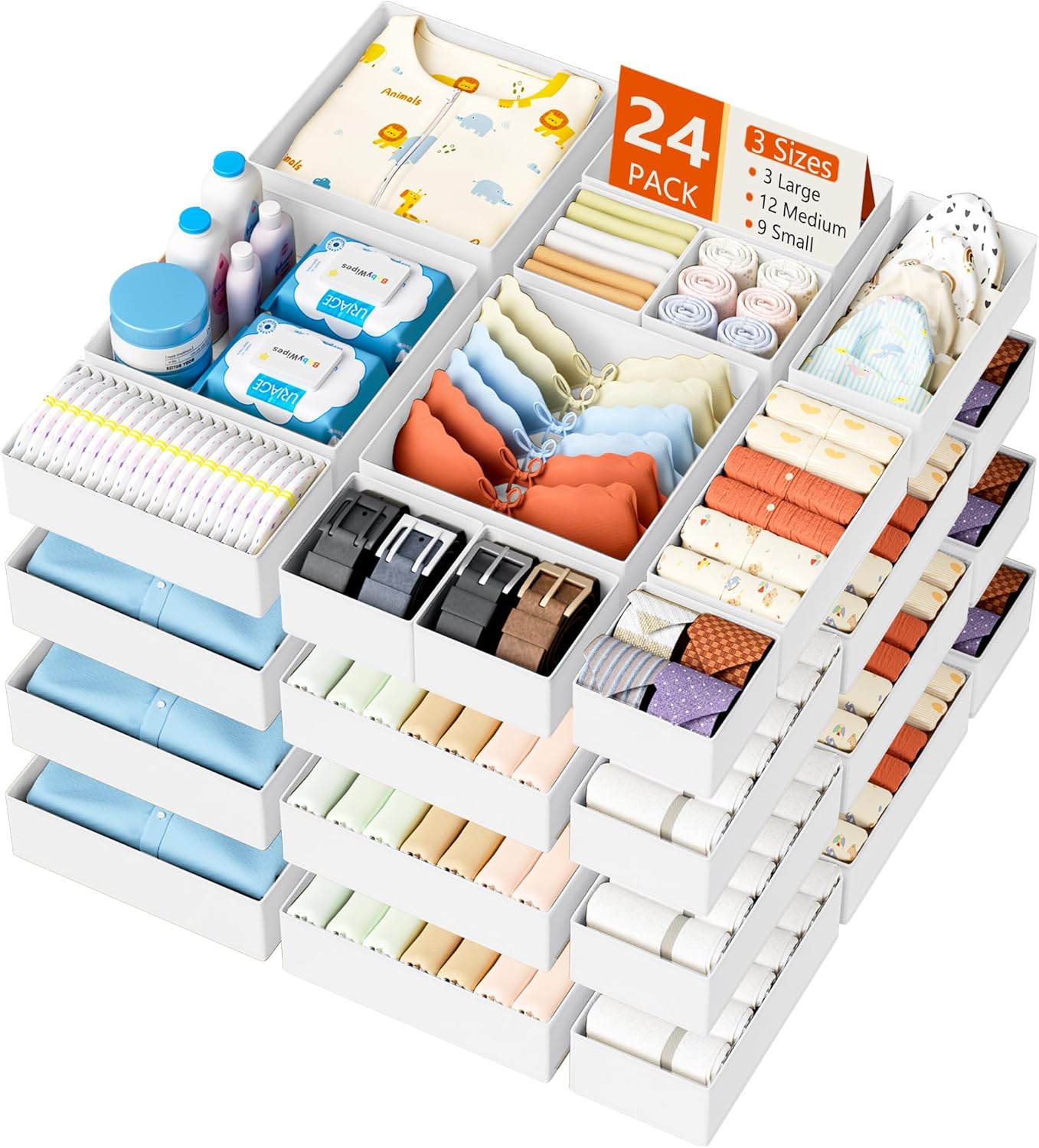 DIMJ Drawer Organizer Clothes - 24 Pack Baby Dresser Organizer for Nursery, Foldable Drawer Organizer Bins for Closet Bedroom Organization, Fabric Clothes Storage Dividers for Underwears, Socks, Bras