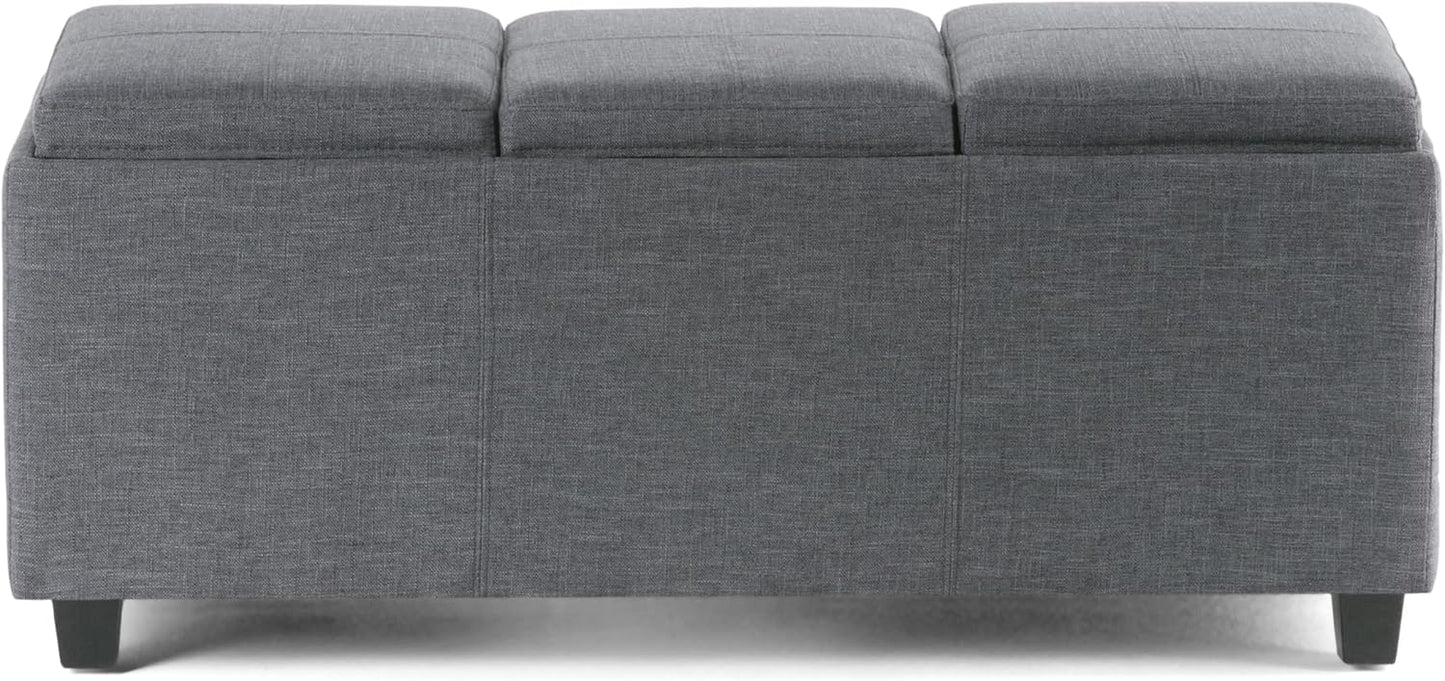 SIMPLIHOME Avalon 42 Inch Wide Contemporary Rectangle Storage Ottoman in Slate Grey Linen Look Fabric, Assembled, For the Living Room, Entryway and Family Room