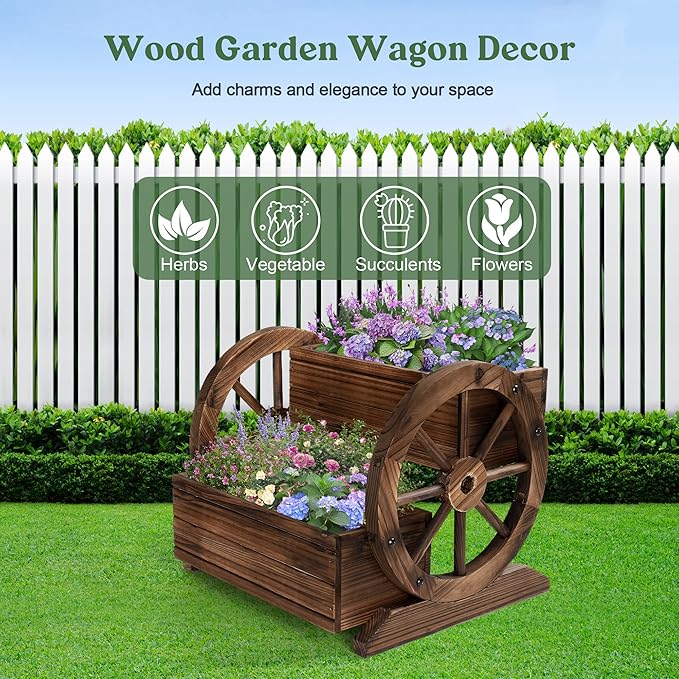 2PCS Wooden Wagon Planter Box, Garden Planter with Wheels,Decorative for Flowers Herbs Vegetables for Indoor & Outdoor Decor,Wooden Flower Cart for Patio Garden Balcony