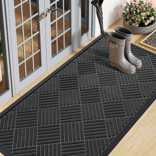 Smiry Front Door Mat Outside Entrance, Heavy Duty Outdoor Indoor Natural Rubber Doormat, Non Slip, Trap Dirt and Moisture, Easy Clean, Low Profile Patio Porch Entryway Mat, 59x23, Black