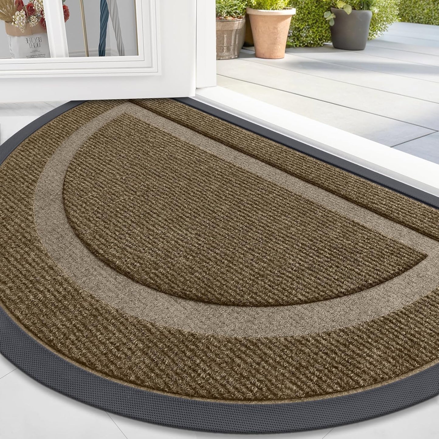 OLANLY Half Circle Door Mat Indoor Outdoor Entrance Welcome, Waterproof All-Season, All-Weather Doormat, Sturdy Natural Rubber, Low Profile, Easy Clean Patio Porch Entryway Mat, 47x32, Brown