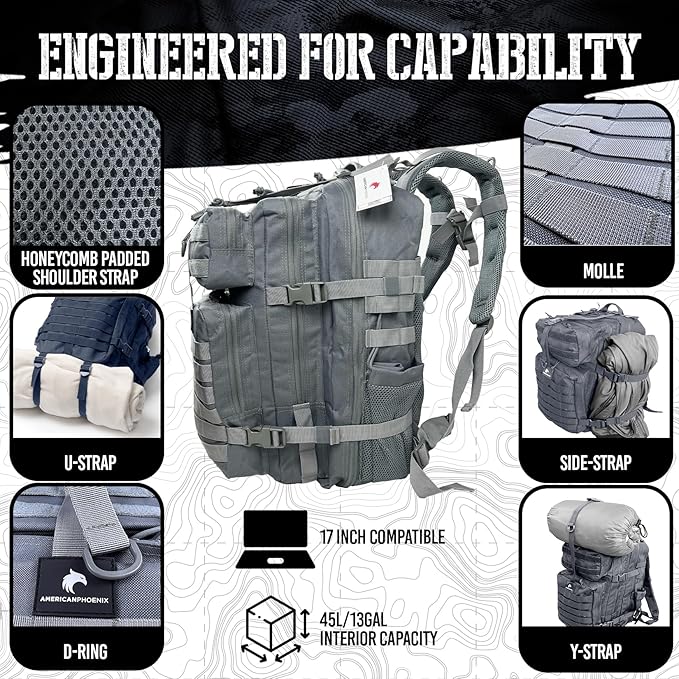 45L Elite Tactical Backpack | 3X Stronger Work & Military Backpack | Water Resistant and Heavy Duty | 3 Day MOLLE Bug Out Bag (Arctic Grey)