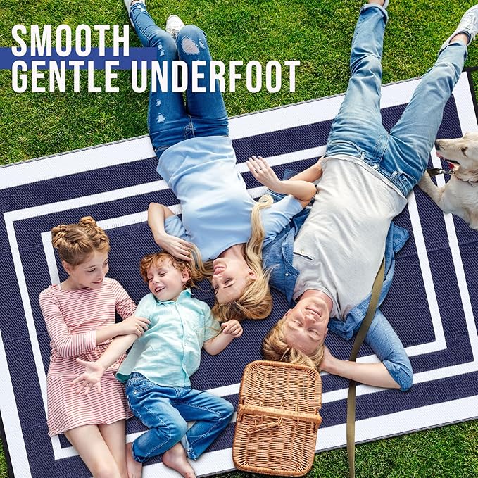 OLANLY Outdoor Rug 9x12 ft Waterproof, Reversible Outdoor Plastic Straw Rug, RV Mat, Indoor Outdoor Carpet Clearance for Patio, Camping, Balcony, Deck, Backyard, Navy & White