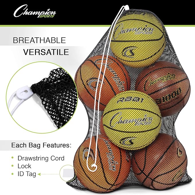 Champion Sports Mesh Equipment Bag – Heavy-Duty Nylon Drawstring Bag with Lock & ID Tag, Breathable Storage Sack for Balls, Swim Gear, Laundry & Toys, Multiple Sizes & Colors