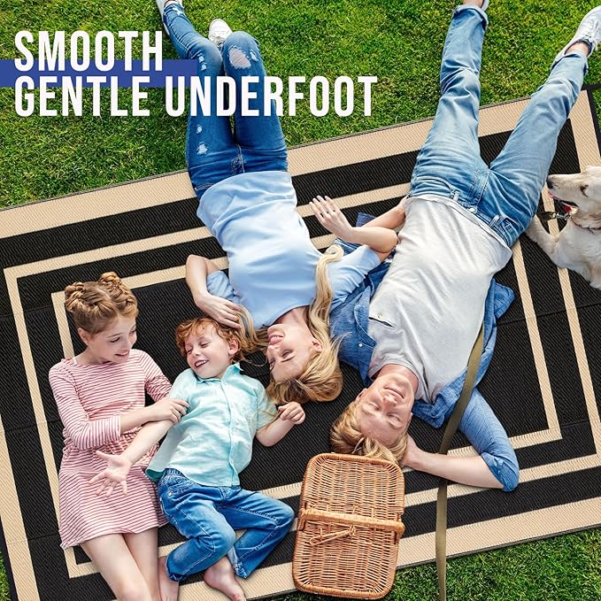 OLANLY Outdoor Rug 6x9 ft Waterproof, Reversible Outdoor Plastic Straw Rug, RV Mat, Indoor Outdoor Carpet Clearance for Patio, Camping, Balcony, Deck, Backyard, Black & Beige