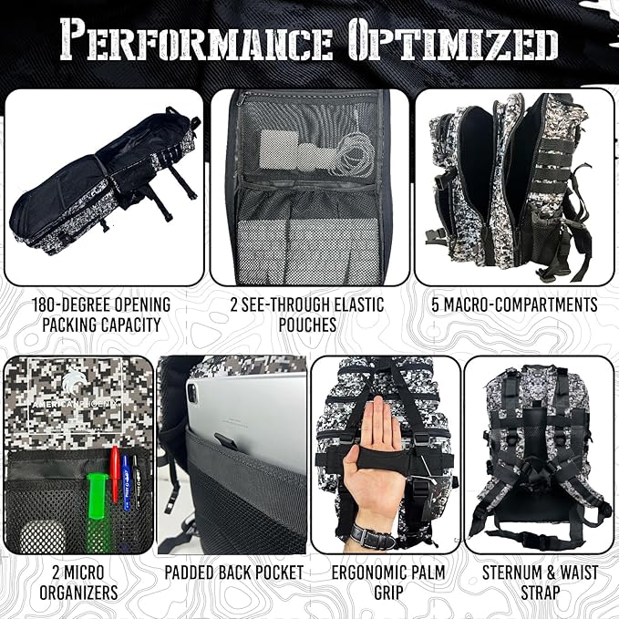 45L Elite Tactical Backpack | 3X Stronger Work & Military Backpack | Water Resistant and Heavy Duty | 3 Day MOLLE Bug Out Bag (Snow Leopard)