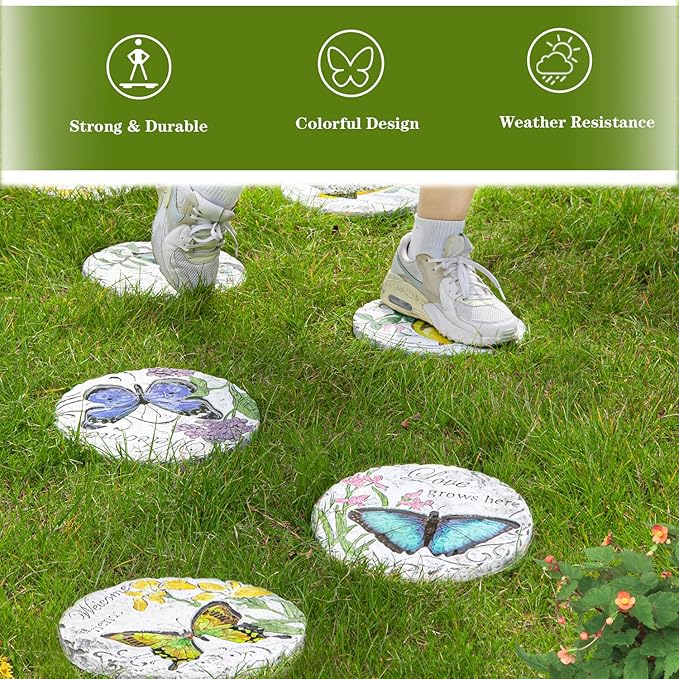 Sungmor 3PC Pretty Garden Stepping Stones, 9.8" Large Concrete Decorative Stones with Beautiful Pattern, Unique Outdoor Lawn Accents, Yard Walkway Flower Bed Wall Shelf Welcome Friends Decorations