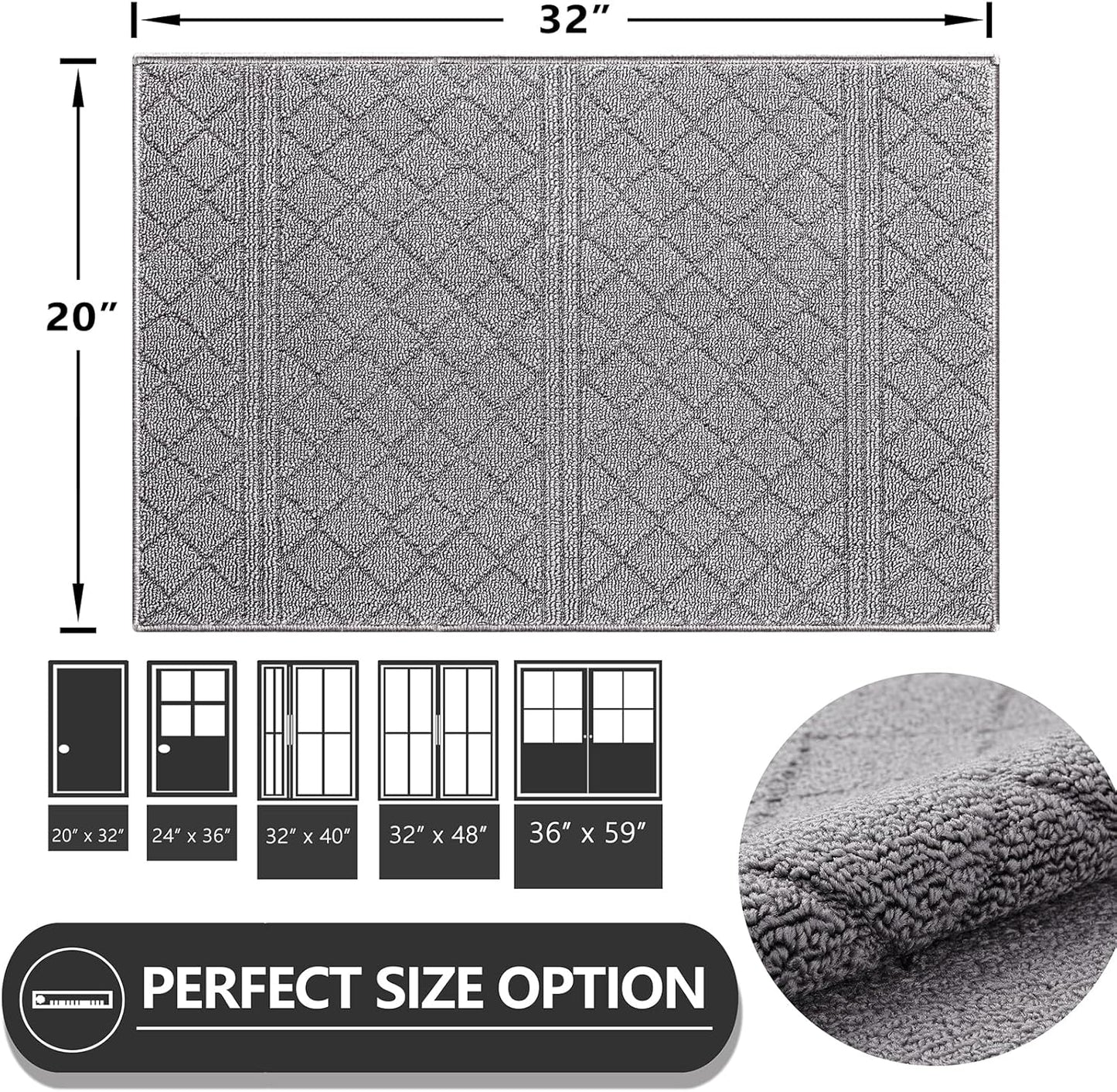 REFETONE Indoor Doormat, Front Back Door Mat 20"x32" Rubber Backing Non Slip Mats, Absorbent Resist Dirt Entrance Rugs for Entryway, Washable Low-Profile Inside Floor Mat for Muddy Wet Shoes, Grey