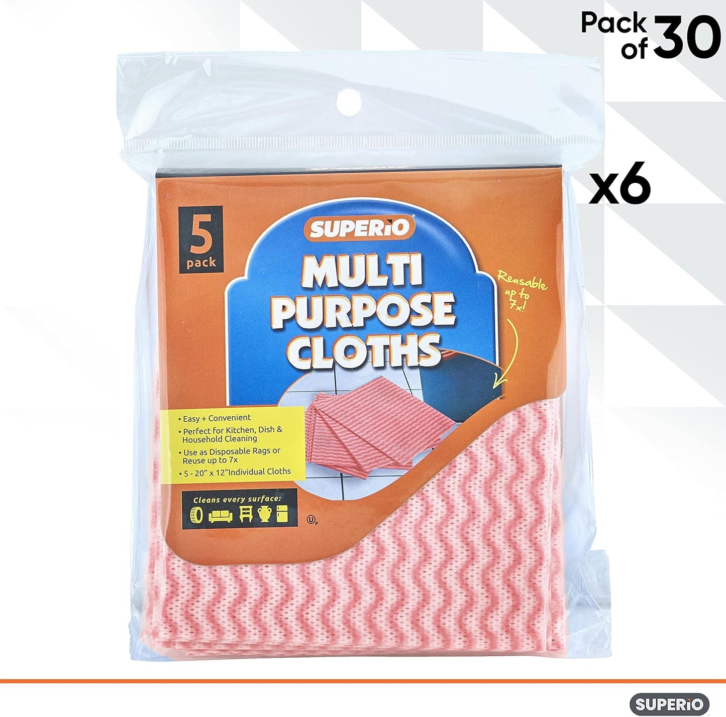 Superio Handy Wipes For Kitchen - Red Reusable Multi-Purpose Heavy-Duty Cleaning cloth for house, Bathroom, and office. Disposable Dish Towel (30)