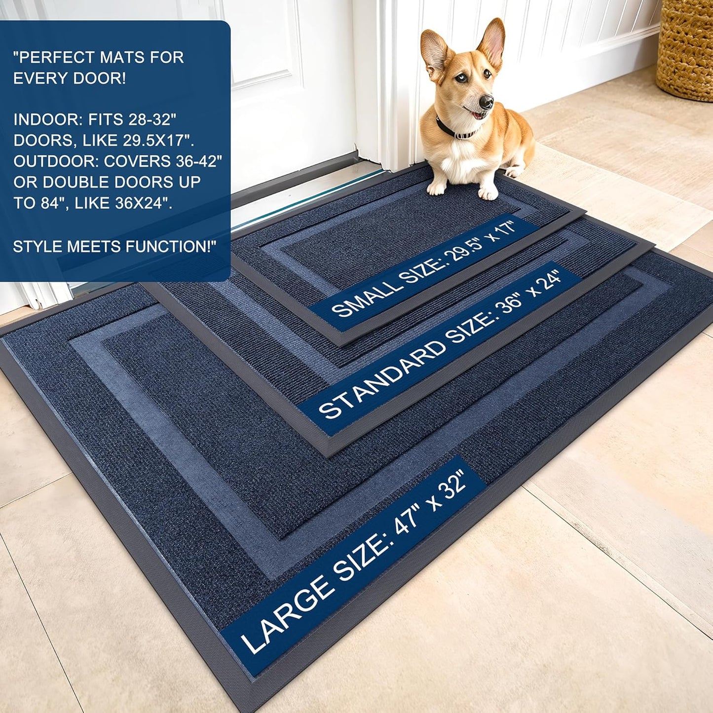 OLANLY Front Door Mat Indoor Outdoor Entrance, Waterproof All-Season, All-Weather Doormat, Sturdy Natural Rubber, Fade Resistant, Low Profile, Easy Clean Patio Porch Entryway Mat, 29.5x17, Blue
