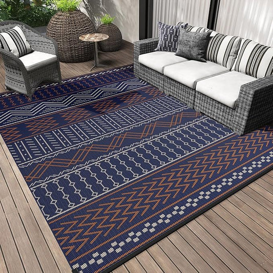 Outdoor Rug Carpet Waterproof 8x10 ft Patio Rug Mat Indoor Outdoor Area Rug for RV Camping Picnic Reversible Lightweight Plastic Straw Outside Rug for Patio Decor Decoration Boho Rug Navy Red