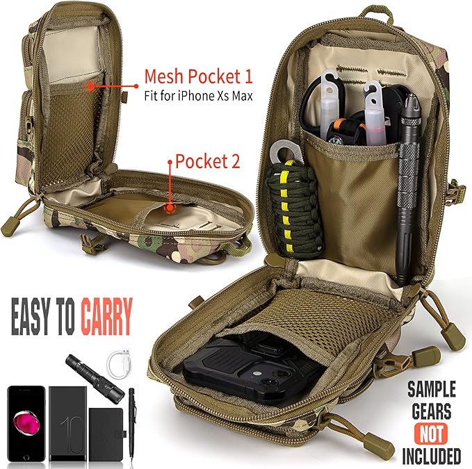 bvya Tactical Molle EDC Utility Pouch Compact Tool Pouch Mini Waist Bag Crossbody Backpack-Design Phone Pouch with Shoulder Strap Flag Patch and D-Rings