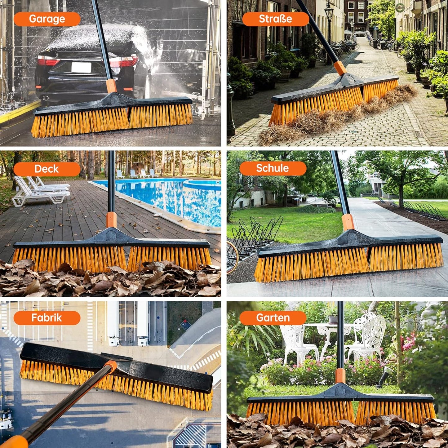 24”Push Broom Brush for Floor Cleaning with 65” Long Handle and Stiff Bristles, Heavy Duty Brush for Shop, Deck, Garage, Concrete,Indoor and Outdoor Broom 2 Set,Orange
